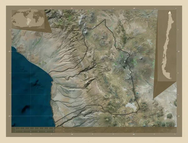 Arica Parinacota 智利地区 高分辨率卫星地图 该区域主要城市的所在地点 角辅助位置图 — 图库照片