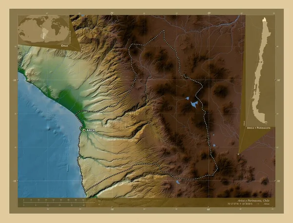 チリのアリカ パリナコタ地域 湖や川と色の標高マップ 地域の主要都市の位置と名前 コーナー補助位置図 — ストック写真