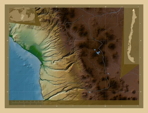 Arica Parinacota Region Chile Colored Elevation Map Lakes Rivers Corner — Stock Photo, Image