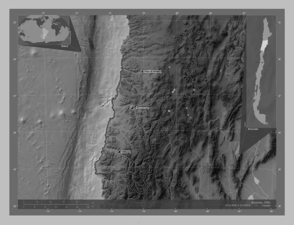 Атакама Район Чилі Граймасштабна Мапа Висот Озерами Річками Місця Розташування — стокове фото