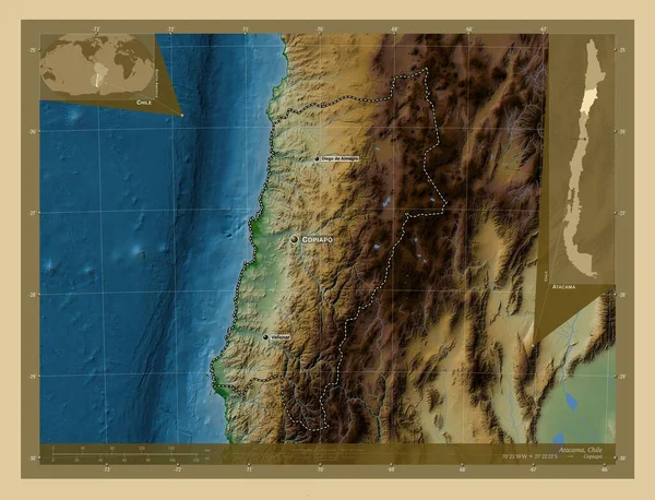 Atacama Regionen Chile Färgade Höjd Karta Med Sjöar Och Floder — Stockfoto