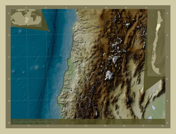 Atacama, region of Chile. Elevation map colored in wiki style with lakes and rivers. Locations of major cities of the region. Corner auxiliary location maps