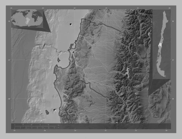 智利区域的Biobio 带有湖泊和河流的灰度高程图 角辅助位置图 — 图库照片