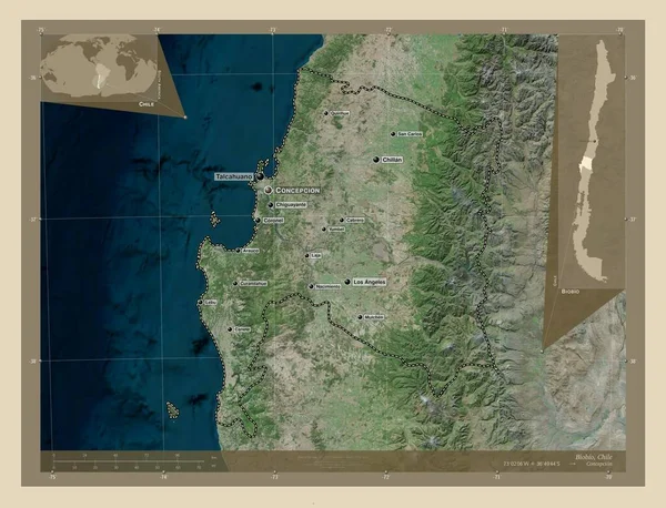 チリの領域 バイオバイオバイオ 高解像度衛星地図 地域の主要都市の位置と名前 コーナー補助位置図 — ストック写真