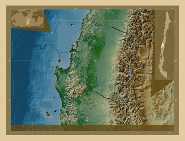 Biobio Região Chile Mapa Elevação Colorido Com Lagos Rios Locais — Fotografia de Stock