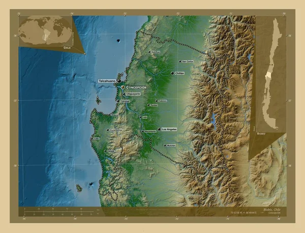 チリの領域 バイオバイオバイオ 湖や川と色の標高マップ 地域の主要都市の位置と名前 コーナー補助位置図 — ストック写真