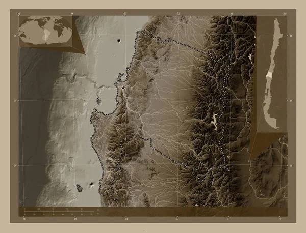 Biobio, region of Chile. Elevation map colored in sepia tones with lakes and rivers. Corner auxiliary location maps