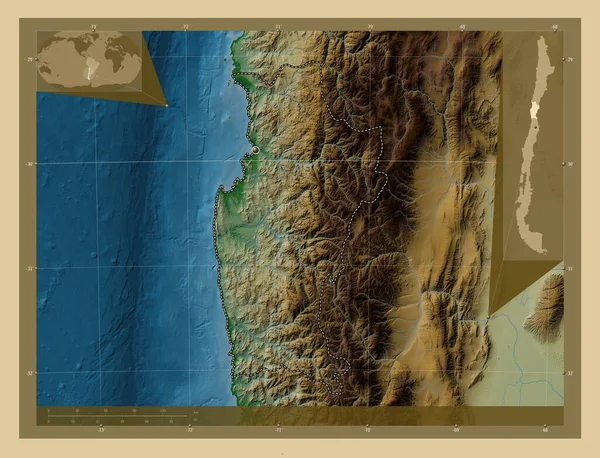 Coquimbo Regione Cile Mappa Elevazione Colorata Con Laghi Fiumi Mappa — Foto Stock