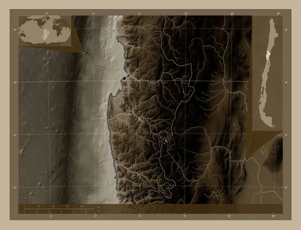 Coquimbo, region of Chile. Elevation map colored in sepia tones with lakes and rivers. Locations of major cities of the region. Corner auxiliary location maps