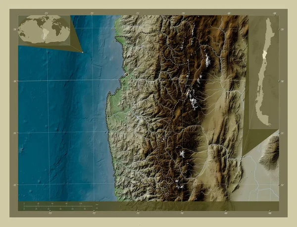 Coquimbo, region of Chile. Elevation map colored in wiki style with lakes and rivers. Corner auxiliary location maps