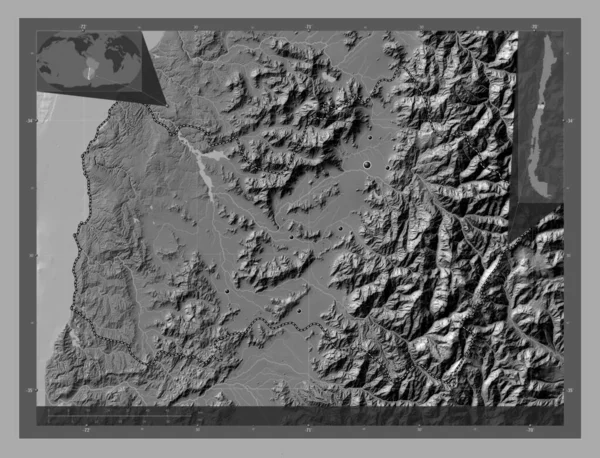 地域デルLibertador一般Bernardo Higgins チリの地域 湖や川と二階の標高マップ 地域の主要都市の場所 コーナー補助位置図 — ストック写真
