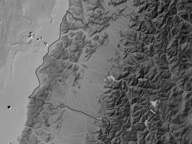 Maule, Şili bölgesi. Gölleri ve nehirleri olan gri tonlama yükseklik haritası