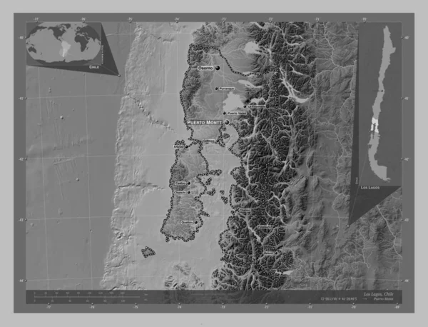 Los Lagos Regio Van Chili Grayscale Hoogte Kaart Met Meren — Stockfoto
