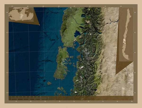Los Lagos Region Chile Satellitenkarte Mit Niedriger Auflösung Eck Zusatzstandortkarten — Stockfoto