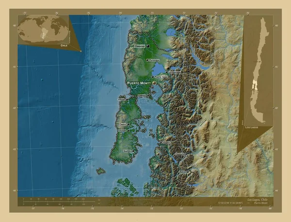 Los Lagos Regionen Chile Färgade Höjd Karta Med Sjöar Och — Stockfoto