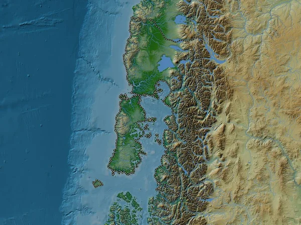 Los Lagos Region Chile Farbige Höhenkarte Mit Seen Und Flüssen — Stockfoto