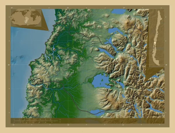 Los Rios Region Chile Kolorowa Mapa Wzniesień Jeziorami Rzekami Pomocnicze — Zdjęcie stockowe