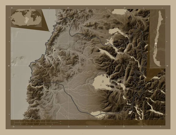 Los Rios Oblast Chile Zdvihová Mapa Zbarvená Sépiovými Tóny Jezery — Stock fotografie