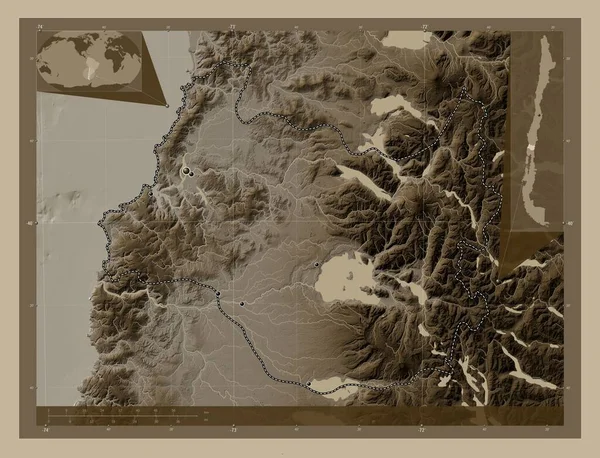 Λος Ρίος Περιοχή Της Χιλής Υψόμετρο Χάρτη Χρωματισμένο Τόνους Σέπια — Φωτογραφία Αρχείου