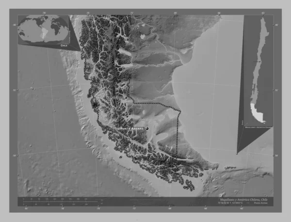 Magallanes Antartica Chilena Regio Chili Grayscale Hoogte Kaart Met Meren — Stockfoto