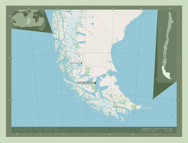 Magallanes Antartica Chilena Region Chile Otwórz Mapę Ulic Lokalizacje Nazwy — Zdjęcie stockowe