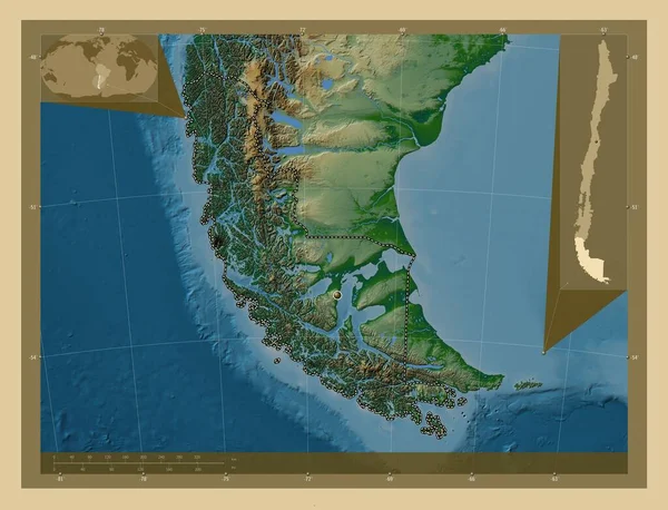 Магальянес Мбала Чилена Регион Чили Цветная Карта Высоты Озерами Реками — стоковое фото