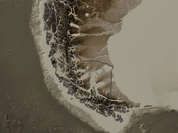 Magallanes Antartica Chilena Regionen Chile Höjdkarta Färgad Sepiatoner Med Sjöar — Stockfoto
