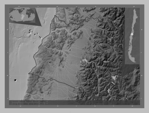 Maule Regionen Chile Grayscale Höjdkarta Med Sjöar Och Floder Hjälpkartor — Stockfoto
