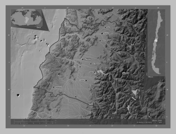 Maule Región Chile Mapa Elevación Escala Grises Con Lagos Ríos — Foto de Stock