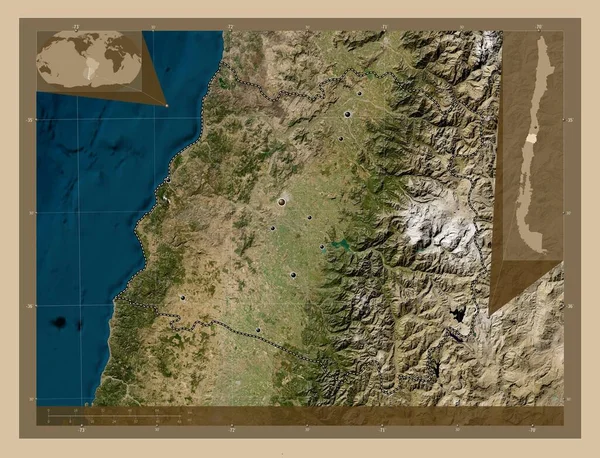 チリのマウレ地方 低解像度衛星地図 地域の主要都市の場所 コーナー補助位置図 — ストック写真