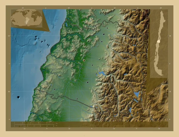チリのマウレ地方 湖や川と色の標高マップ 地域の主要都市の場所 コーナー補助位置図 — ストック写真