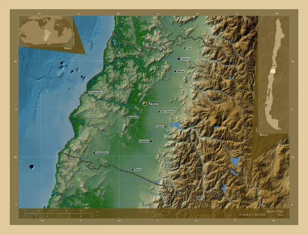 チリのマウレ地方 湖や川と色の標高マップ 地域の主要都市の位置と名前 コーナー補助位置図 — ストック写真