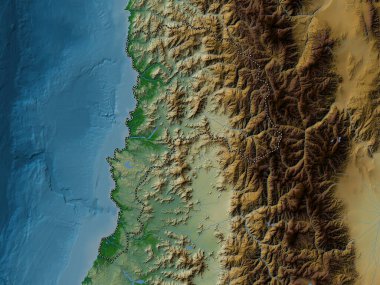 Valparaiso, Şili bölgesi. Gölleri ve nehirleri olan renkli yükseklik haritası