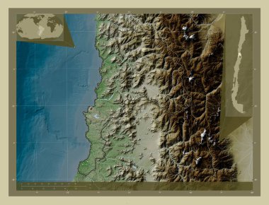 Valparaiso, Şili bölgesi. Yükseklik haritası göller ve nehirlerle wiki tarzında renklendirilmiş. Köşedeki yedek konum haritaları