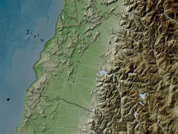 Maule, region of Chile. Elevation map colored in wiki style with lakes and rivers