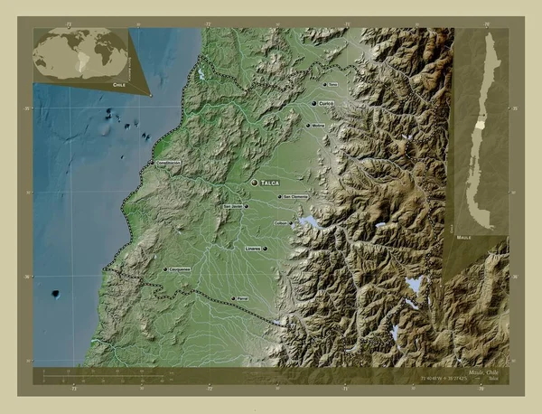 Maule, region of Chile. Elevation map colored in wiki style with lakes and rivers. Locations and names of major cities of the region. Corner auxiliary location maps