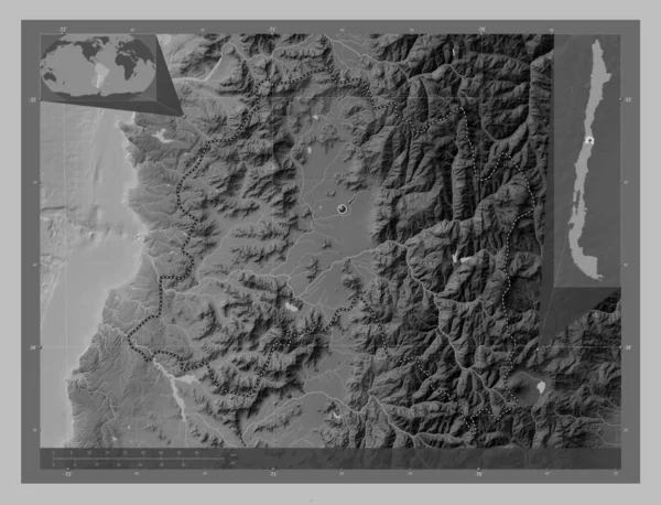 Regio Metropolitana Santiago Regio Chili Grayscale Hoogte Kaart Met Meren — Stockfoto