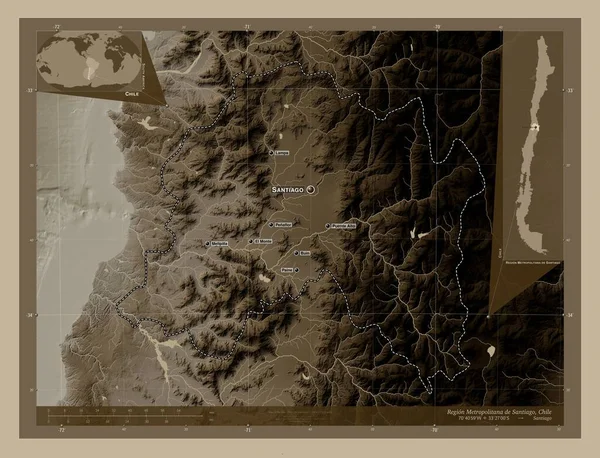 Region Metropolitana Santiago Region Von Chile Höhenkarte Sepiatönen Mit Seen — Stockfoto