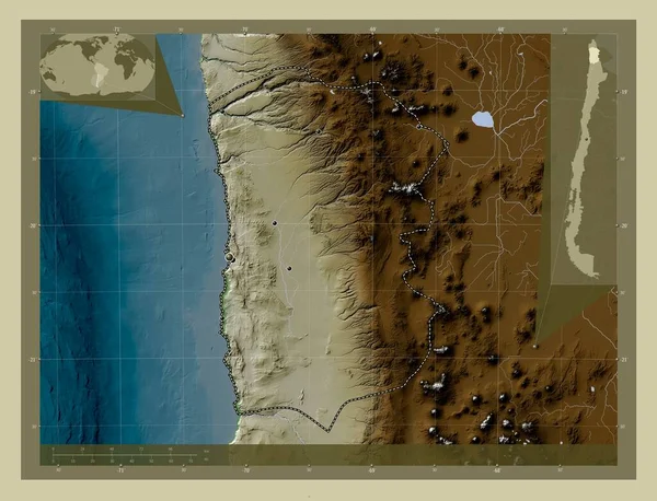 Tarapaca, region of Chile. Elevation map colored in wiki style with lakes and rivers. Locations of major cities of the region. Corner auxiliary location maps