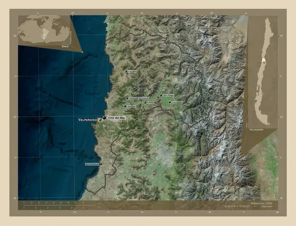 チリの地域 バルパライソ 高解像度衛星地図 地域の主要都市の位置と名前 コーナー補助位置図 — ストック写真