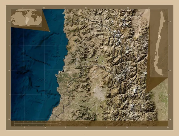 チリの地域 バルパライソ 低解像度衛星地図 地域の主要都市の場所 コーナー補助位置図 — ストック写真
