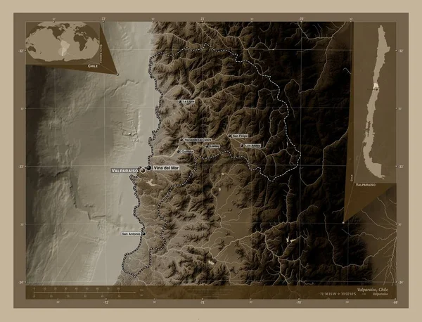 Вальпараисо Область Чили Карта Высоты Окрашенная Сепиевые Тона Озерами Реками — стоковое фото