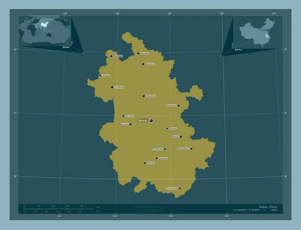 중국의 안후이 지방입니다 색깔의 지역의 도시들의 위치와 Corner Auxiliary Location — 스톡 사진