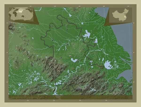 中国的省份 用Wiki风格绘制的带有湖泊和河流的高程地图 该区域主要城市的所在地点 角辅助位置图 — 图库照片