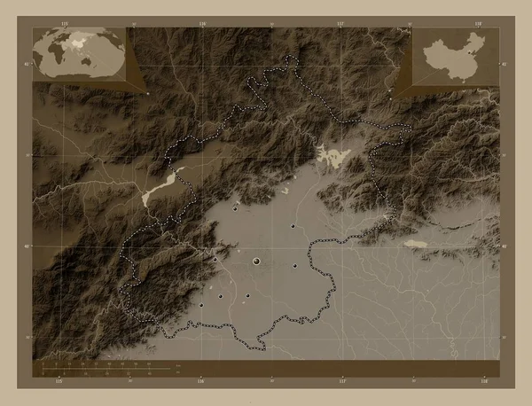Peking Obec Čína Zdvihová Mapa Zbarvená Sépiovými Tóny Jezery Řekami — Stock fotografie