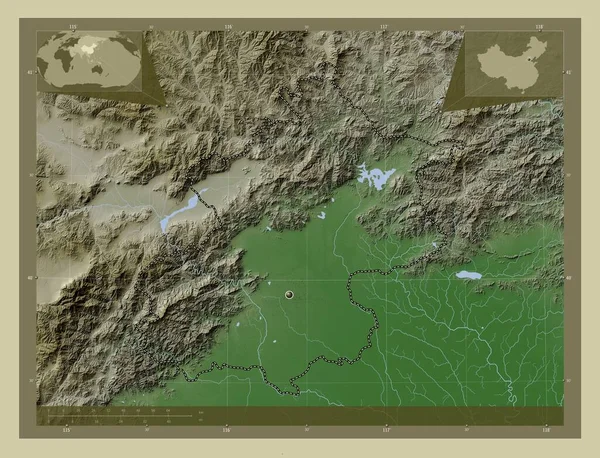 中国城市 用Wiki风格绘制的带有湖泊和河流的高程地图 角辅助位置图 — 图库照片