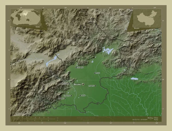 Пекин Муниципалитет Китая Карта Высоты Окрашенная Вики Стиле Озерами Реками — стоковое фото