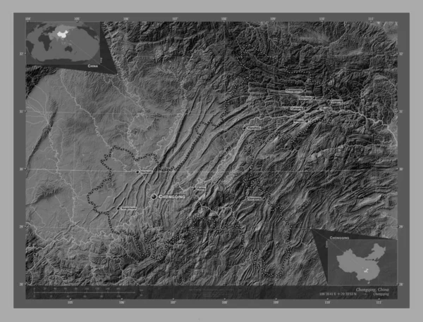 Chongqing Municipio China Mapa Elevación Bilevel Con Lagos Ríos Ubicaciones —  Fotos de Stock