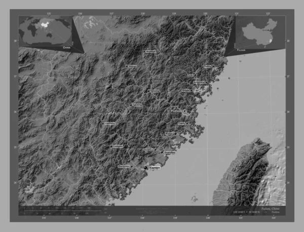 Фуцзянь Провінція Китай Білевелівська Карта Висот Озерами Річками Місця Розташування — стокове фото