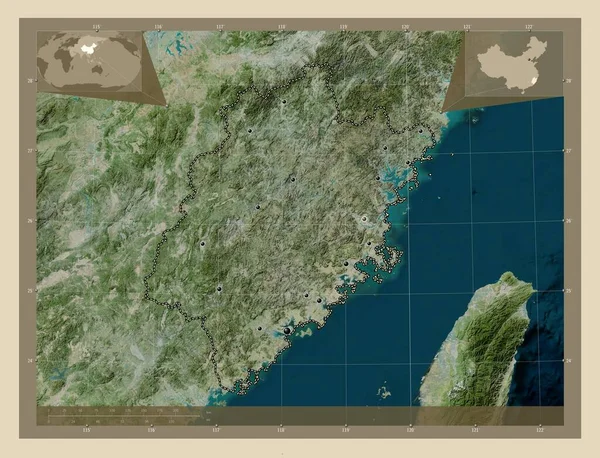 中国の福建省 高解像度衛星地図 地域の主要都市の場所 コーナー補助位置図 — ストック写真